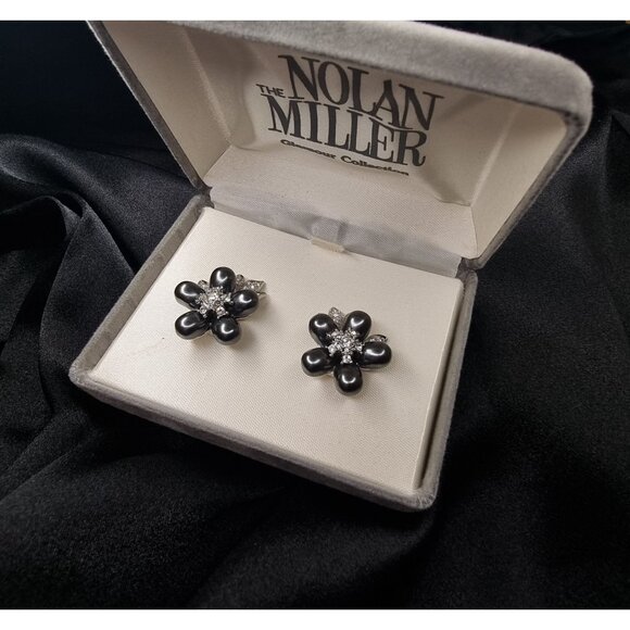 Vintage Nolan Miller Flower Clip-On Earrings W/ Rhinestones & Faux Black Pearls - Picture 2 of 5